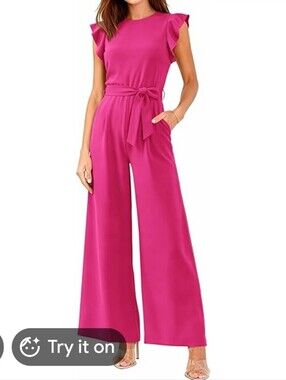 MM Couture Pink Peacock Flutter Sleeve Wide Leg Jumpsuit Size Medium NWT